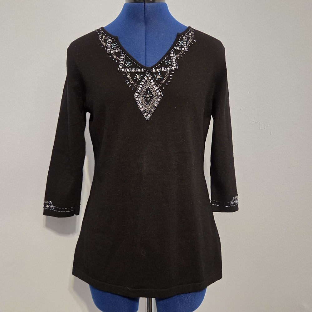 Vintage Black Beaded Knit Shirt Size MP